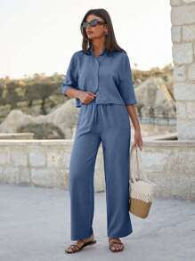 EURMUSE Women Cotton Crop Shirt & High Waist Pants Set - Navy Blue - View 4