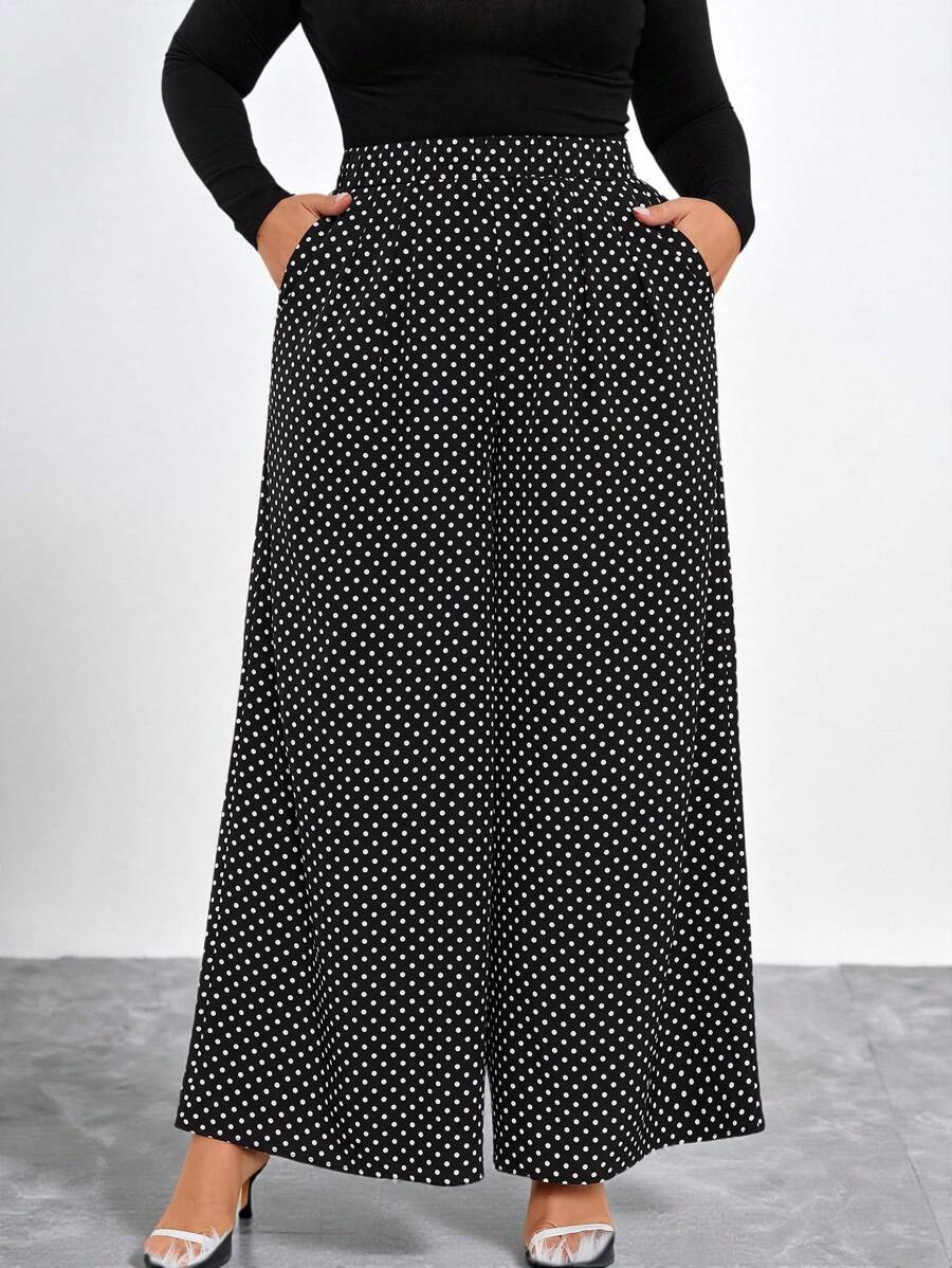 Chikora 大碼波點印花闊腿褲 - 黑色 - 查看 1