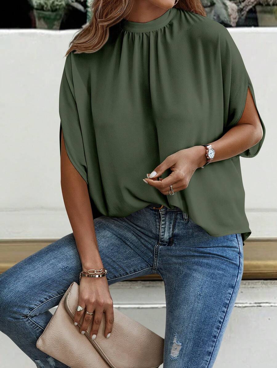 EMERY ROSE Women's Summer Solid Stand Collar Casual Pleated Batwing Sleeve Blouse - Army Green - View 1