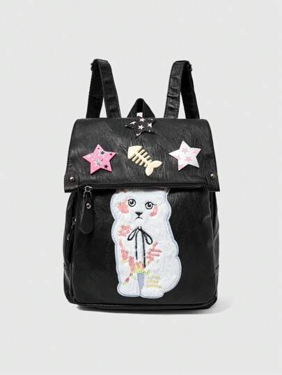 ROMWE Kawaii Women's Cute Black Spacious Backpack With Plush Kitten, Stars & Fishbone Charms - Stylish School Bag For Teens, Large Capacity Travel Rucksack For College Campus Daily Use