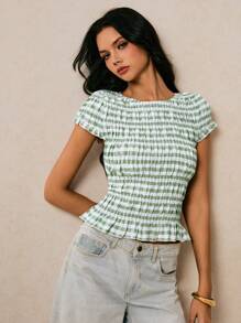 Poéselle 女士夏季休闲条纹印花褶皱修身衬衫 - 綠色 - 查看 7