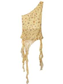 Breezaya Blusa casual de verano para vacaciones con hombro asimétrico y estampado floral disperso en amarillo para mujer