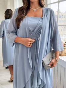 Ellevyn Plus Size Elegant And RomanticChiffon Two Pieces Set: Summer Elegant Flowing Chiffon Coat And Multi-Layered Ruffled Chiffon Waist Rhinestone Decoration Dress Spring/Summer Outfits For Women - Baby Blue - View 5