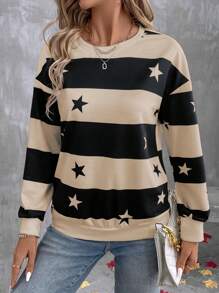 SHEIN LUNE Women Contrast Color Five-Pointed Star Print Crew Neck Long Sleeve Sweatshirt,Graduation,Teacher,Back To School Pullover Fall - Multicolor - View 5