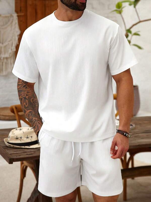 ResortEase Plus Size Men's Casual Solid Color Short Sleeve T-Shirt And Shorts Set, Summer