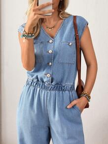 SHEIN PETITE 女士休闲日常通勤 V 领无袖松紧腰宽松阔腿牛仔连体裤