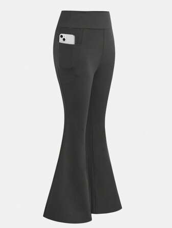 SHEIN Tween flickor högmidjade stretchiga yogabyxor, avslappnade och mångsidiga, utsvängda byxor med telefonficka, lämpliga för hem och utomhusbruk