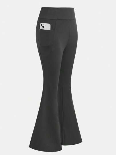 SHEIN Tween Girls' High-Waisted Stretchy Yoga Casual Versatile Phone Pocket Flare Pants, Suitable For Home & Outdoor Fall Winter