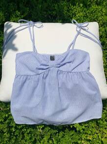 Comfortcana Women's Summer Pleated Stripe Casual Vacation Camisole Top, Babydoll Top - Blue and White - View 5