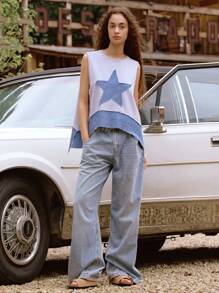 Easelle Damen Lässiges graues Patchwork Jeans Loose Tank Top, Frühling/Sommer - Grau - Übersicht 9