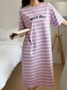 DAZY 女士字母印花条纹宽松T恤连衣裙家居服，Moo Moo 睡衣 - 紫色 - 查看 1