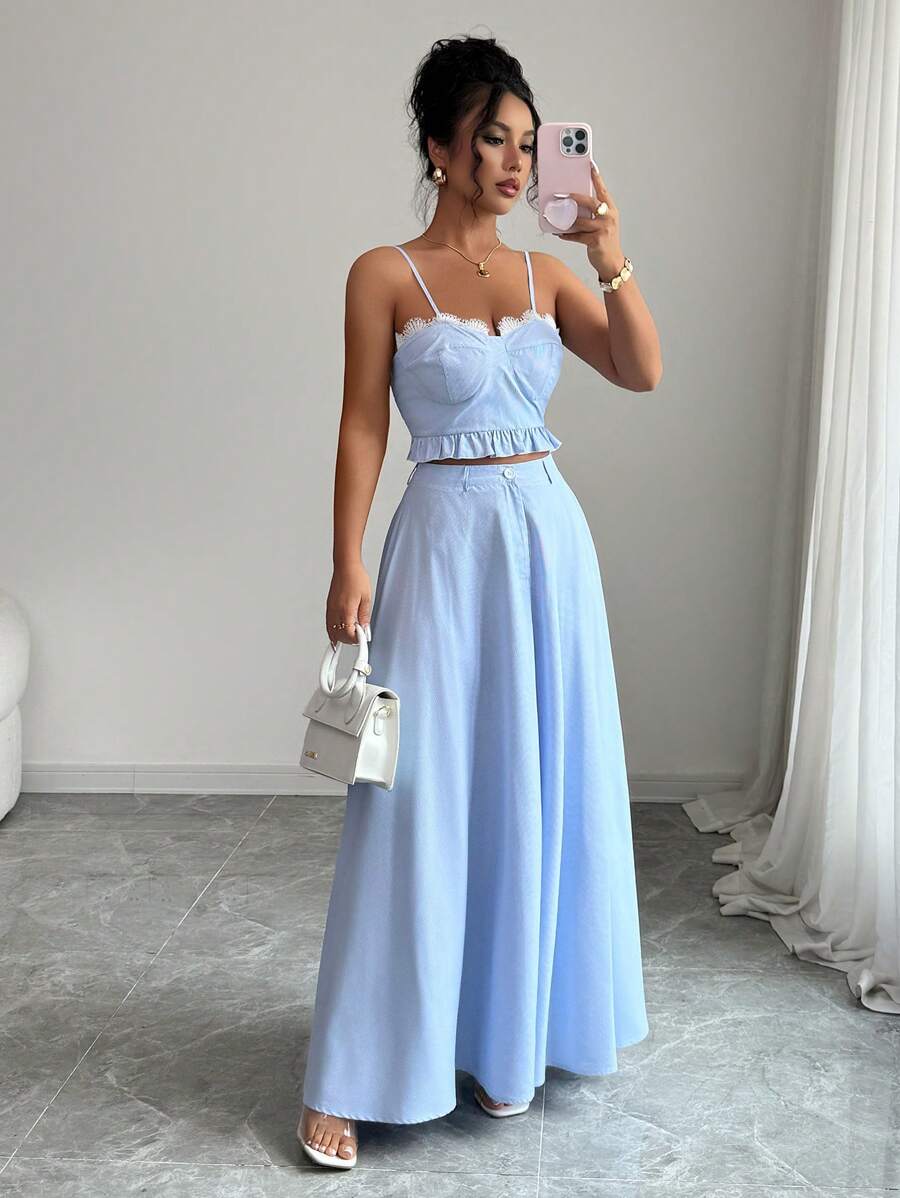 Elenzga Damen elegantes, stilvolles Arbeits-/Büropendler-Lässig-Komfort-Urlaubs-Abschluss-Feiertagsgentle Lady Boho-Ärmellos-Camisole-Patchwork-Spitzen-Kurztop mit A-Linien-Rüschensaum-Rock gestreift Zweiteiler-Set