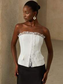 GENKIRA Elegante top corto de camisola con volantes en el frente y botones, de tela de gasa estriada y texturizada, versátil para la oficina, uso casual y temporada de bodas - Blanco - Ver 4