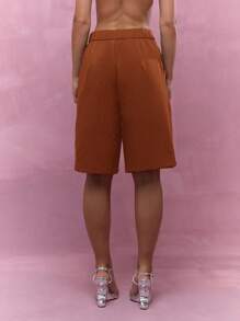 MISSGUIDED High Waisted Bermuda Shorts Tailored Pleated Knee Length Office Palazzo Wide Leg Culottes Fall Spring Professional - Chocolate Brown - View 2