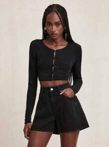 NYA SZN Top Basic Button Up Crew Neck Long Sleeve Crop SummerFor Women - Black - View 4