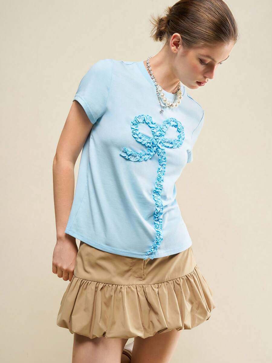 SHEIN Unity Damen Lässig T-Shirt mit 3D plissierter Schleife am Rundhalsausschnitt und Kurzarm - Blau - Übersicht 1