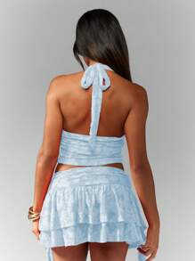 MISSGUIDED Floral Embossed Halter Neck Textured Cami Top Summer Festival Evening Party Ladies Camisole Backless Crop Top - Blue - View 2