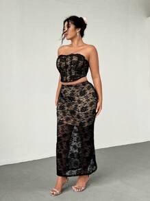 Firerie Plus Size Casual Elegant Vacation Beach Romantic Elastic Lace Patchwork Contrast Color Lining Tube Top And Skirt Set, Spring/Summer