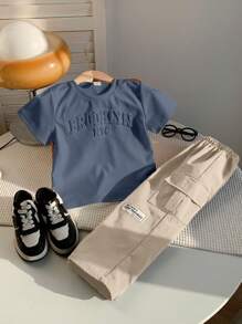 Bubblio مجموعة من 2 قطعة، تتكون من بلوزة كاجوال قصيرة الأكمام مطبوع عليها أنماط مرتفعة بحروف ثلاثية الأبعاد وبنطال كاجوال بجيب باللون المتباين، مناسب للربيع والصيف والخريف ، للحفلات والمناسبات والرياضة والمدرسة والرحلات، متعدد الاستخدامات وفي غاية الأناقة - ازرق ضبابي - مشاهدة 4