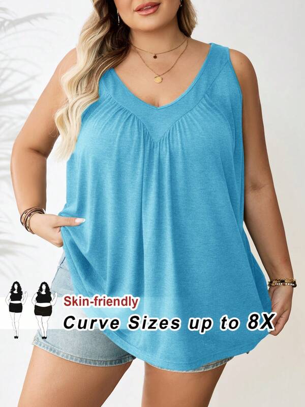 SHEIN CURVE+ Plus Size Women's Casual Solid Color V-Neck Pleated Camisole, Summersummer/Country/Beach Vacation Outfits/Beach Outfits/Beach Wear