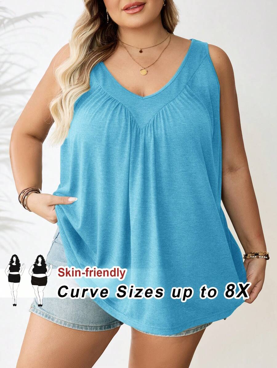 SHEIN CURVE+ Plus Size Women's Casual Solid Color V-Neck Pleated Camisole, Summersummer/Country/Beach Vacation Outfits/Beach Outfits/Beach Wear - Blue - View 1