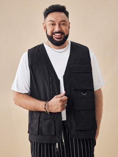 EASEVO Plus Size Men's Casual Black Woven Vest With 3D Pockets, School, For Fall Winter