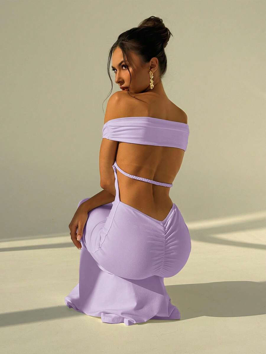 Aloruh White Wedding Season Backless Ruched Sexy Off Shoulder Bodycon Dress For Women - Purple - View 1