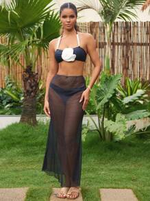 Swim Oasis Women Pearl Halter Tie Bikini Top, Triangle Panty And Sheer Pareo 3pcs Swimsuit Set For Summer Beach Vacation - Black - View 3