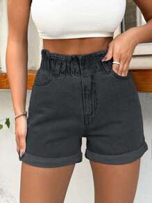 EURMUSE 100%Cotton Rigid, Elastic Band Detailed Shorts ,Petite Women - Dark Grey - View 3