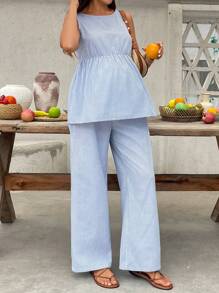 SHEIN Maternity Stripe Sleeveless Round Neck Casual Top And Loose Pants 2Pcs Set, Summer - Blue - View 4