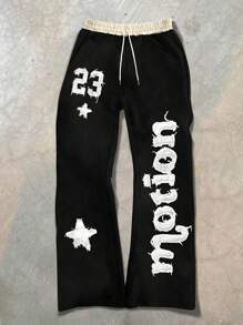 Manfinity Roghcode Men's Loose Fit Cross Printed Drawstring Waist Sweatpants, Sports Academy INS Gray Micro-Flare Sweatpants, Featuring New York Letters And A Lucky Number23 Embroidery. These Sweatpants Blend Style And Comfort, Making Them Perfect For Casual Outings And Athletic Activities, Fall And Winter Jersey, For Rave - Black - View 2