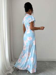 Elenzga Robe imprimée en mousseline asymétrique à col volant avec boutons à la taille et coupe évasée. Élégante, romantique et adaptée à la vie quotidienne et aux vacances. - Bleu ciel - Voir 2