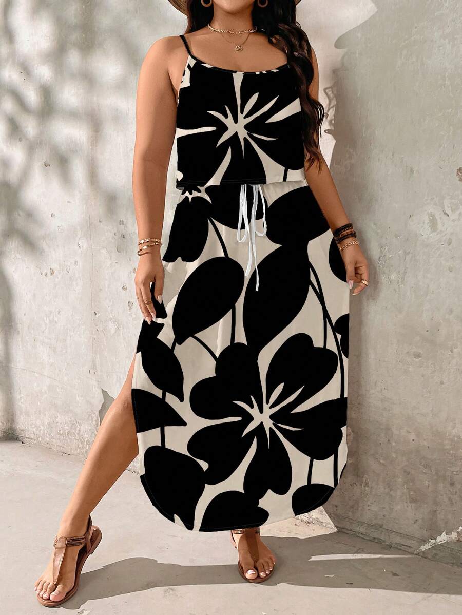 SHEIN LUNE Plus Size Minimalist Floral Silhouette Print Dress, Suitable For Summer,Sun Dresses For Women - Apricot - View 1