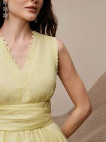 Anewsta Vestido ajustado de mujer sin mangas con adorno de encaje en la cintura