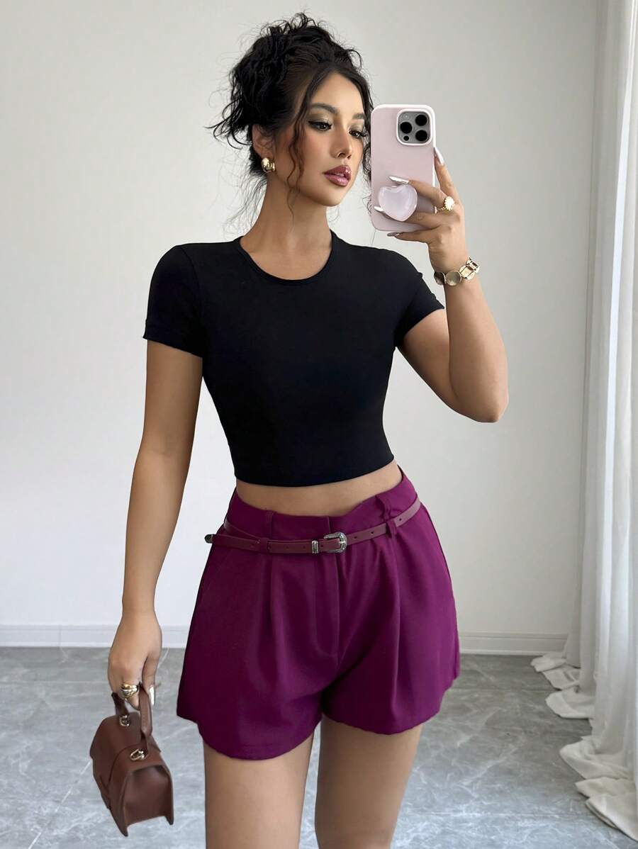 Elenzga Pantalones cortos casuales de mujer de pierna ancha a rayas con cintura elástica y cinturón