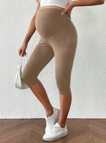 SHEIN Maternity Solid Ribbed Cropped Leggings,Maternity Clothes - Khaki - View 5