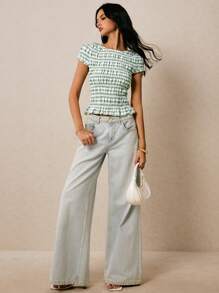 Poéselle 女士夏季休闲条纹印花褶皱修身衬衫 - 綠色 - 查看 6