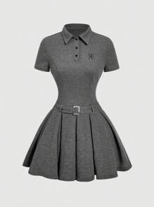 SHEIN MOD Vintage Grey Polo Collar Short Sleeve Dress With Belt - Embroidered Decor, Pleated And Accordion Style, Old Money Aesthetic, Preppy Vibe, 70s Inspired, Sweet And Cute, Perfect For School Wear, Commuting, Parties, And Dates,Business Casual Woman,Office Outfits For Women