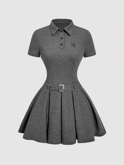 SHEIN MOD Vintage Grey Polo Collar Short Sleeve Dress With Belt - Embroidered Decor, Pleated And Accordion Style, Old Money Aesthetic, Preppy Vibe, 70s Inspired, Sweet And Cute, Perfect For School Wear, Commuting, Parties, And Dates,Business Casual Woman,Office Outfits For Women