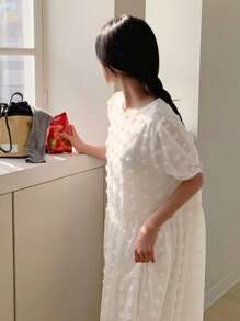 DAZY 女士纹理短袖透视中长连衣裙，舒适 - 白色 - 查看 4