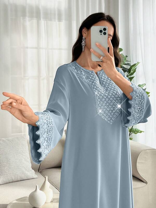 SHEIN Najma Elegante vestito con scollo a V, maniche a sbuffo, decorato con perline, stile floreale, stile arabo, adatto per primavera/estate