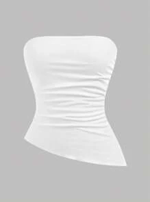 Girlism 少女三件套黑白蓝针织露脐抹胸上衣，腰部褶皱不对称下摆，百搭街头风运动抹胸上衣，女士无肩带上衣三件装夏季上衣 - 淺藍色 - 查看 6