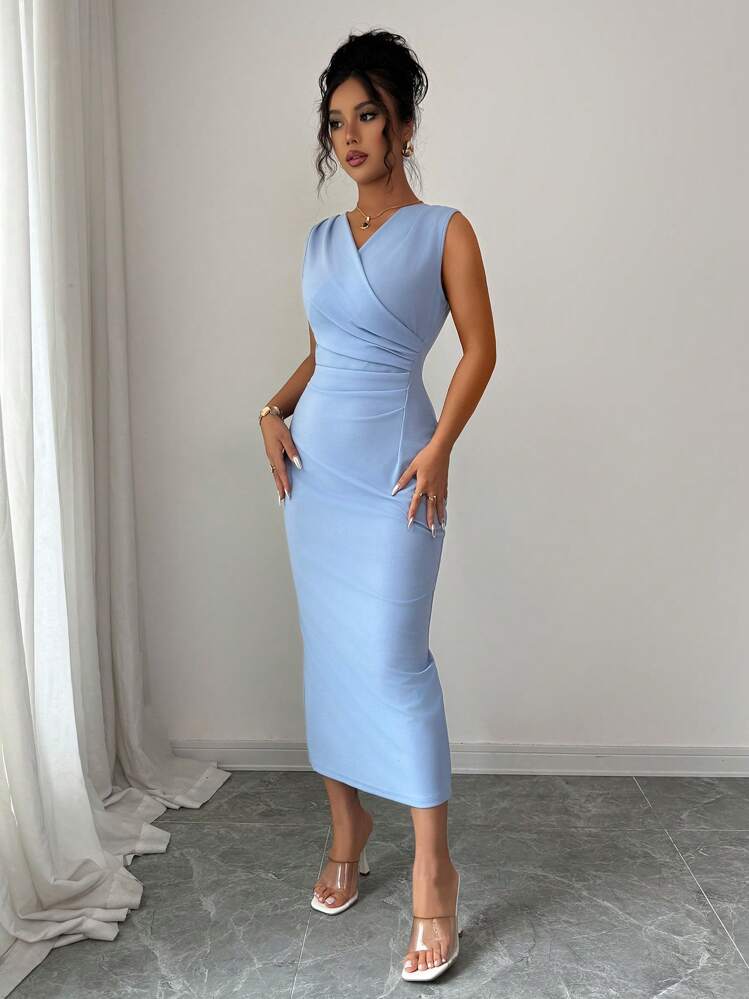 Elenzga Vestido midi ajustado sólido con pliegues entallado, de cuello en V sin mangas, elegante, de moda, de estilo casual de negocios, encantador, vintage, romántico, para vacaciones, para mujer - Azul - Añade 4