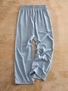 Manfinity VCAY Men's Casual Blue Linen Drawstring Waist Long Pants, Suitable For Summer - Baby Blue - View 3