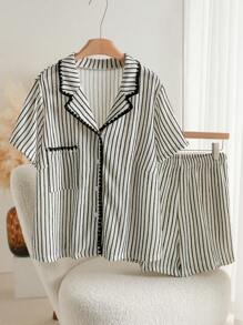 CosyJoli Frauen Große Größen 2 Teile Set, Lässig gestreiftes T-Shirt und Shorts, Sommer