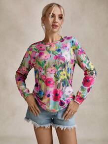 SHEIN LUNE Camiseta de manga larga de cuello redondo holgada con estampado floral minimalista casual para mujer, adecuada para otoño e invierno