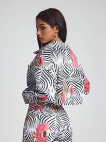 Jeanoix Jaket Denim Lengan Panjang Wanita Motif Bunga & Garis-garis - Hitam dan Putih - View 2