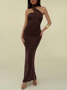 Aloruh Elegant One Shoulder Ruffle Draped Design Slim Fit Pleated Glitter Maxi Straight Evening Dress Vacation Dress - Brown - View 4