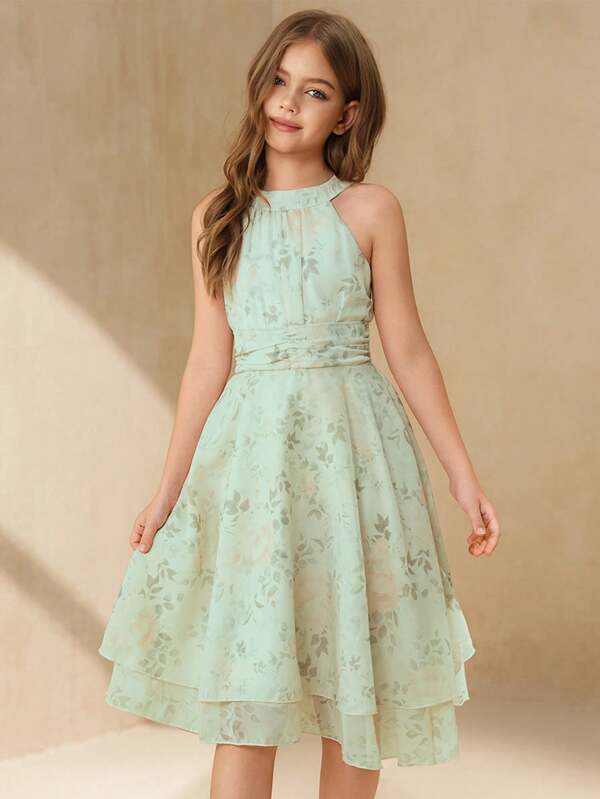 SHEIN Girls' Elegant Luxurious & Beautiful Green Halter Sleeveless Mid-Length Dress, Suitable For Holiday, Wedding, Flower Girl, Festival, Performance, Prom, Party, Birthday And Other Occasions