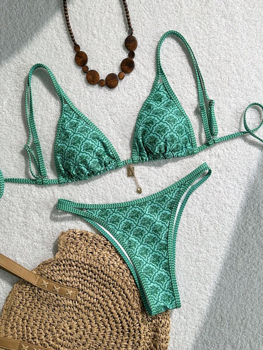 Swim Mod 女士夏季随机印花吊带比基尼两件套，海滩度假泳装